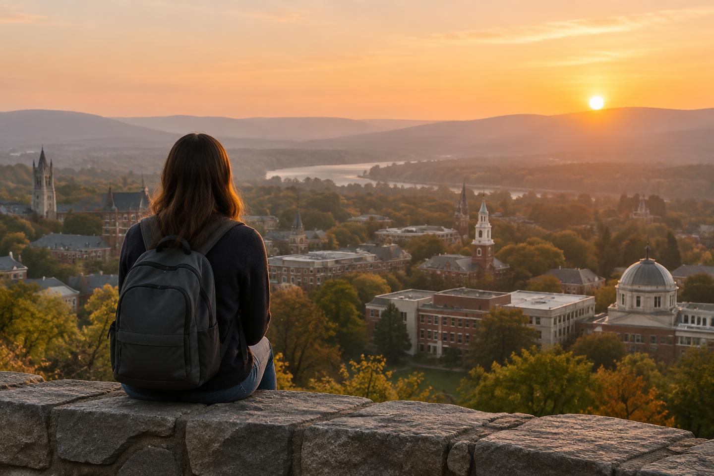 A student with a backpack looking out over a valley of college campuses at sunset